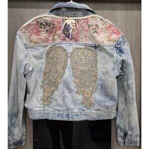 Upcycled Art jean jacket  large bleached denim pink wings studded bling ooak
